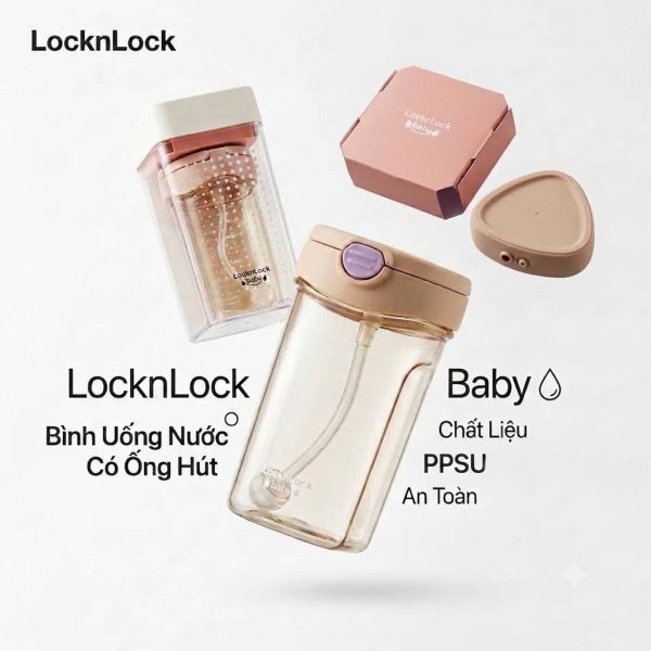 Bình nước trẻ em Lock&Lock, nhựa PPSU cực an toàn, chống đổ nước, có ống hút & hộp đựng - ảnh 1