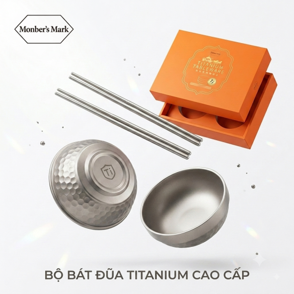 Bộ 2 Bát + 2 đôi đũa TITAN hãng Monber's Mark, chất liệu hợp kim mạ Titanium - ảnh 1