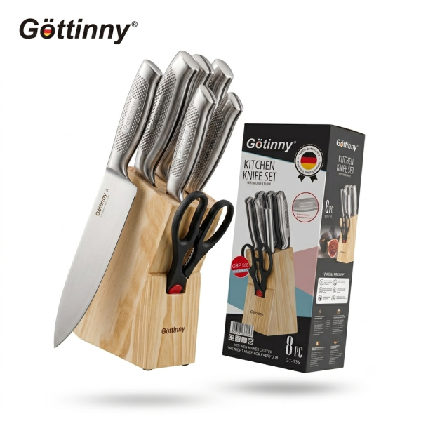 Bộ dao bếp 8 món hãng GÖTTINNY, kèm đế dao bằng gỗ - ảnh 1