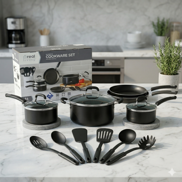 Bộ nồi chảo 14 món hãng Real Living, dùng được với lò nướng, máy rửa bát ( ko dùng được bếp từ - ảnh 1