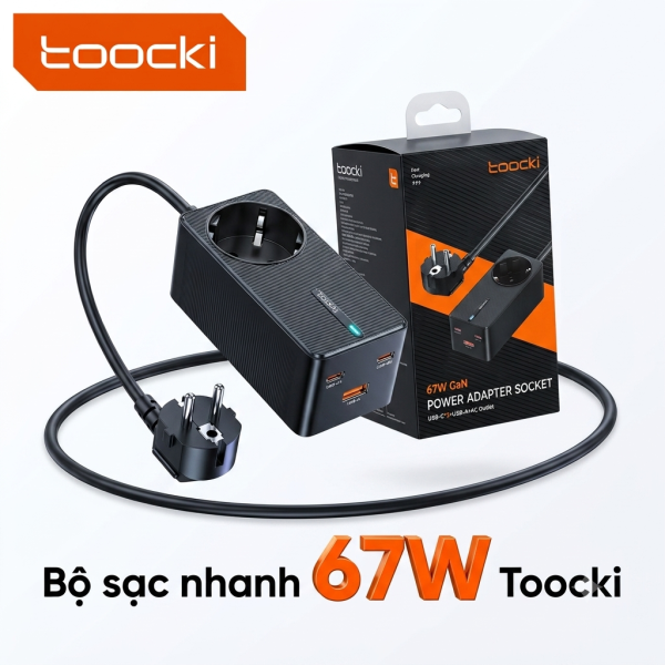 Bộ sạc nhanh 67W Toocki, 2 cổng C + 1 USB + 1 AC 220V, công suất 2500W - ảnh 1