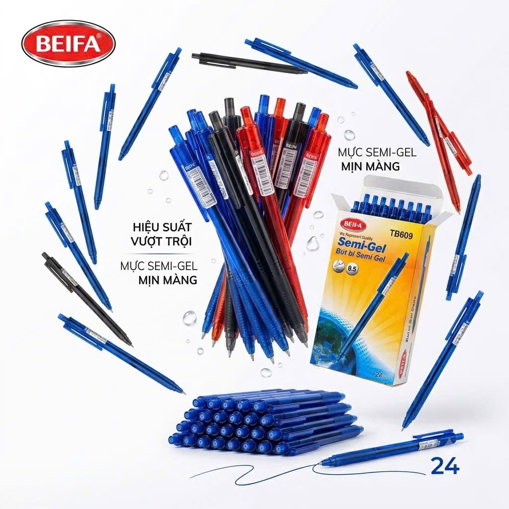 Bút bi Semi Gel hãng BEIFA TB609 hộp 24 cái - ảnh 2