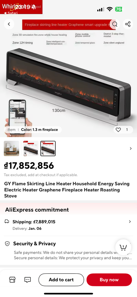 Máy sưởi Whirlpool (Mỹ), công nghệ sưởi Graphene ko đốt Oxy, màn hình than củi, dài 1.3m, 2200W - ảnh 3