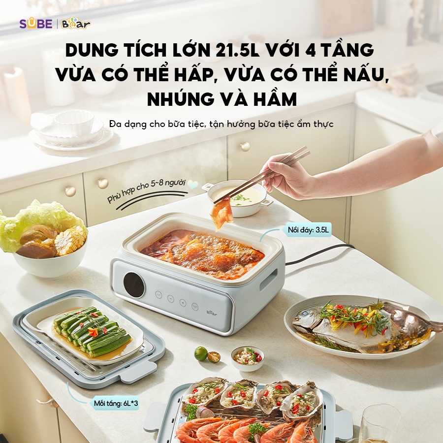 Nồi hấp Bear 4 tầng, 21.5L DZG-P20W7 - Có thể ăn lẩu, hấp - ảnh 3