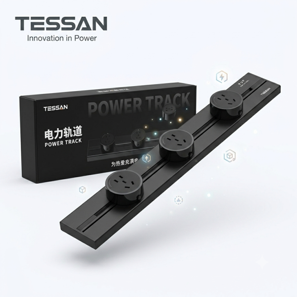 Ổ điện ray gắn tường công suất cao 8000W hãng TESSAN , dài 60cm, với 3 ổ cắm di chuyển được - ảnh 1