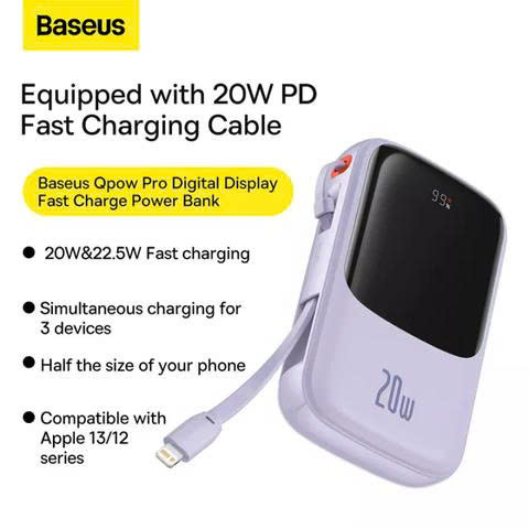 Pin dự phòng 20.000mAh Baseus Qpow Pro sạc nhanh 20W - liền cáp Lightning iPhone , có xước nhẹ - ảnh 1