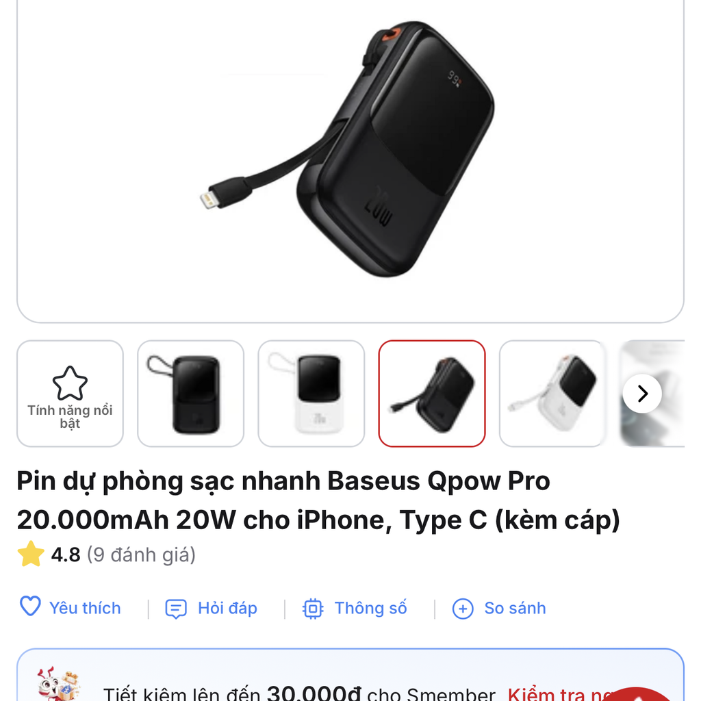 Pin dự phòng 20.000mAh Baseus Qpow Pro sạc nhanh 20W - liền cáp Lightning iPhone , có xước nhẹ - ảnh 2