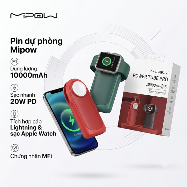 Pin dự phòng MiPOW Power Tube Pro 10000mAh, Liền cáp Lightning có MFI, sạc nhanh 20W,sạc Apple watch - ảnh 1