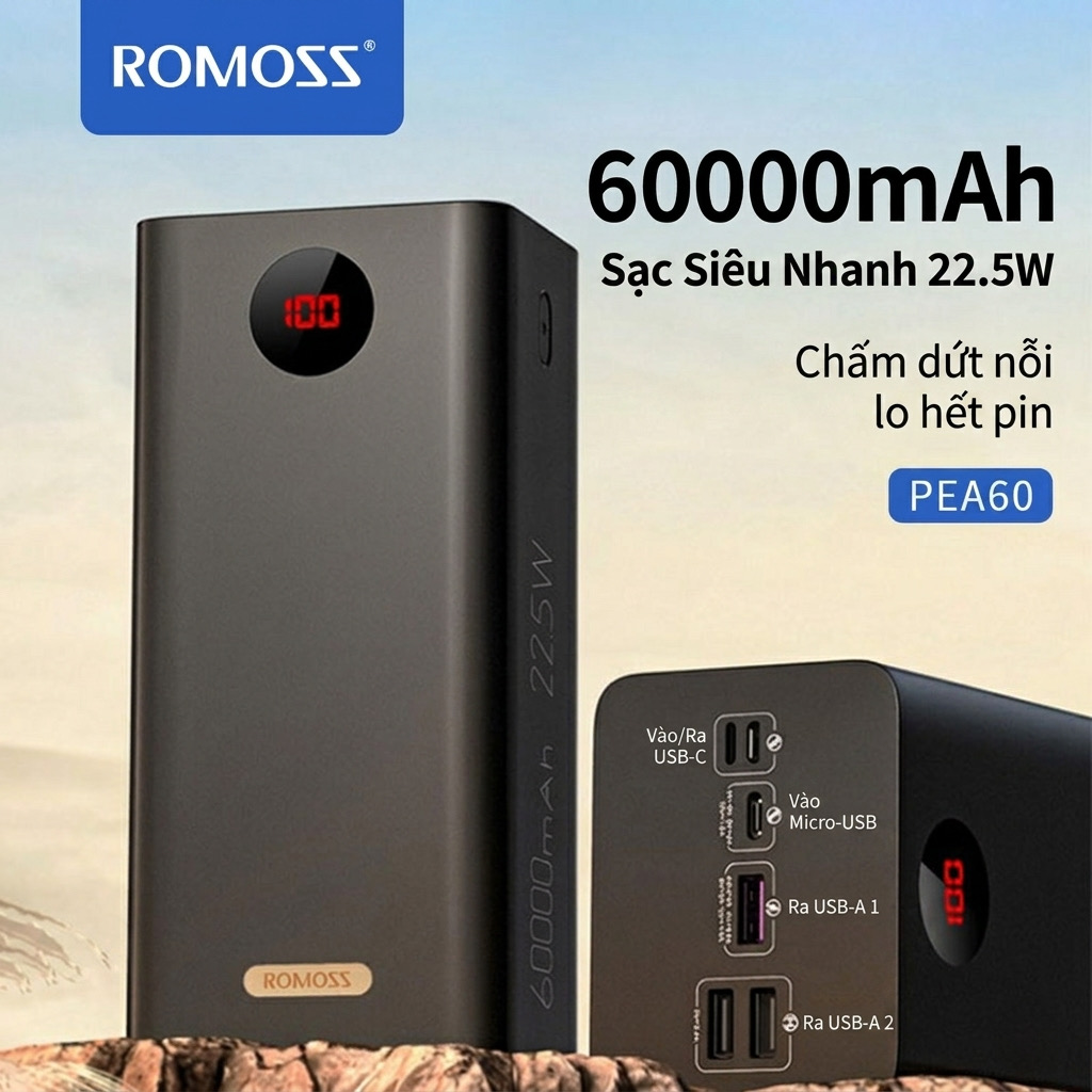 Pin dự phòng ROMOSS 60.000mAh PEA57, sạc nhanh 22.5W ( new - ko hộp) - ảnh 3