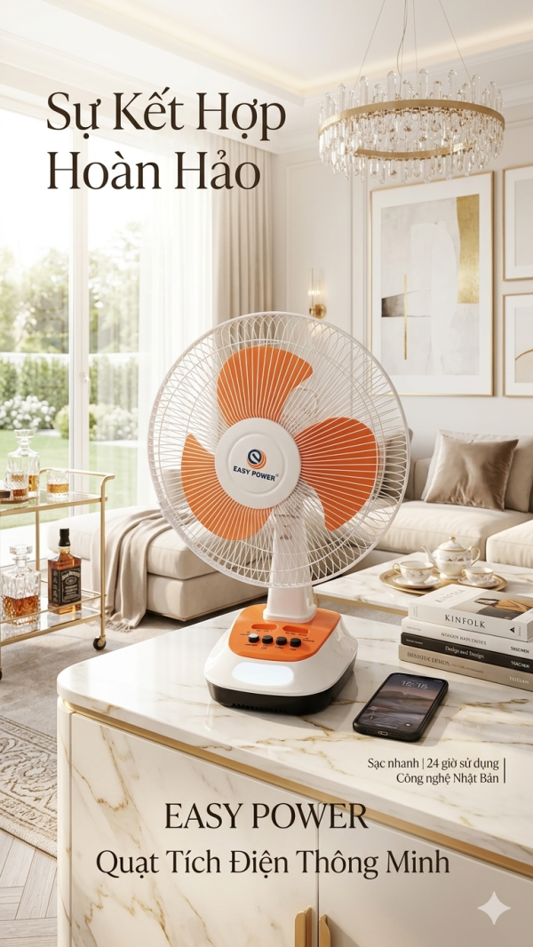Quạt bàn tích điện hãng EASY POWER EP-3212A , chạy nguồn 220v 12 inch , sạc điện thoại, đèn Led nứt - ảnh 1