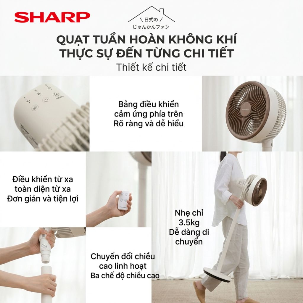 Quạt cây đa năng chính hãng SHARP PJ-CD300A, công suất 40W, tăng giảm chiều cao, có remote - ảnh 3