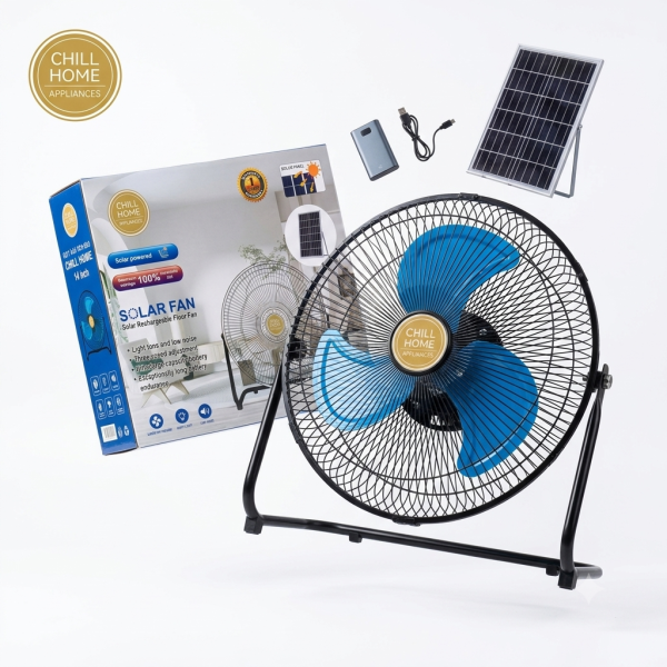 Quạt sàn tích điện CHILL HOME, pin 4800mAh, kèm panel NLMT, lồng & cánh kim loại - ảnh 1