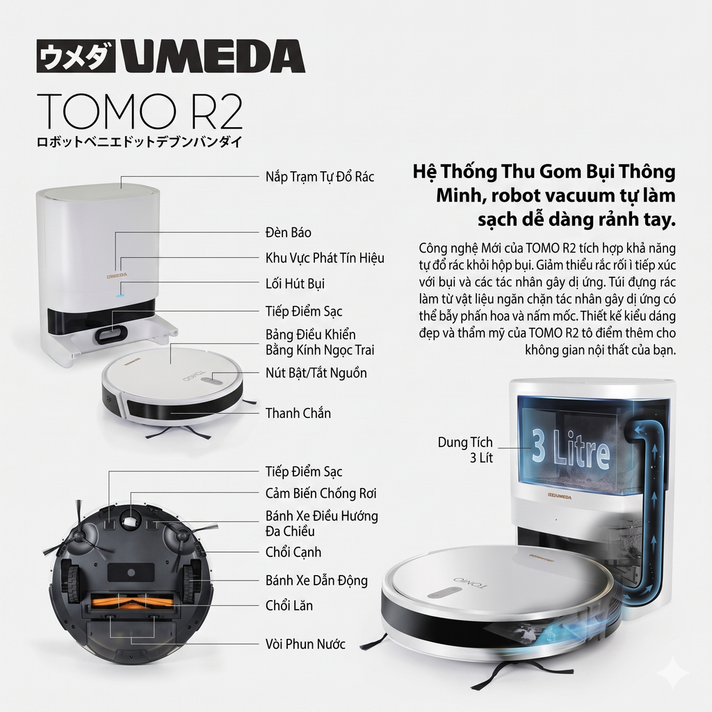 Robot hút bụi lau nhà thông minh UMEDA TOMO R2, tự đổ rác (bản quốc tế) - ảnh 5