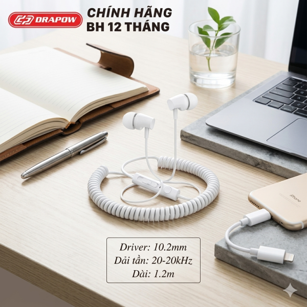 Tai nghe Drapow Twister C10 chính hãng nghe nhạc dây xoắn kéo dài , chân cắm 3.5mm - ảnh 1