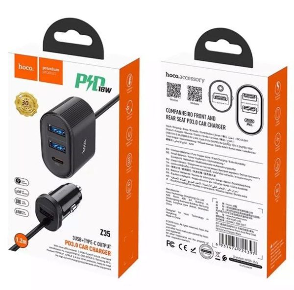 Tẩu Sạc Điện Thoại Trên Xe Hơi kèm đầu sạc phụ nối dài Hoco Z35 PD&QC 3.0 - ảnh 1
