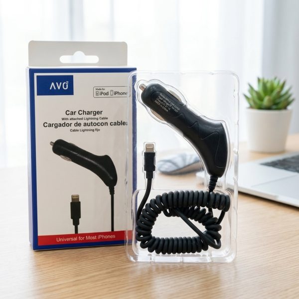 Tẩu sạc ô tô AVO liền cáp Lightning - C48 có MFI, dây lò xò sạc cho iPhone 14 trở xuống - ảnh 1