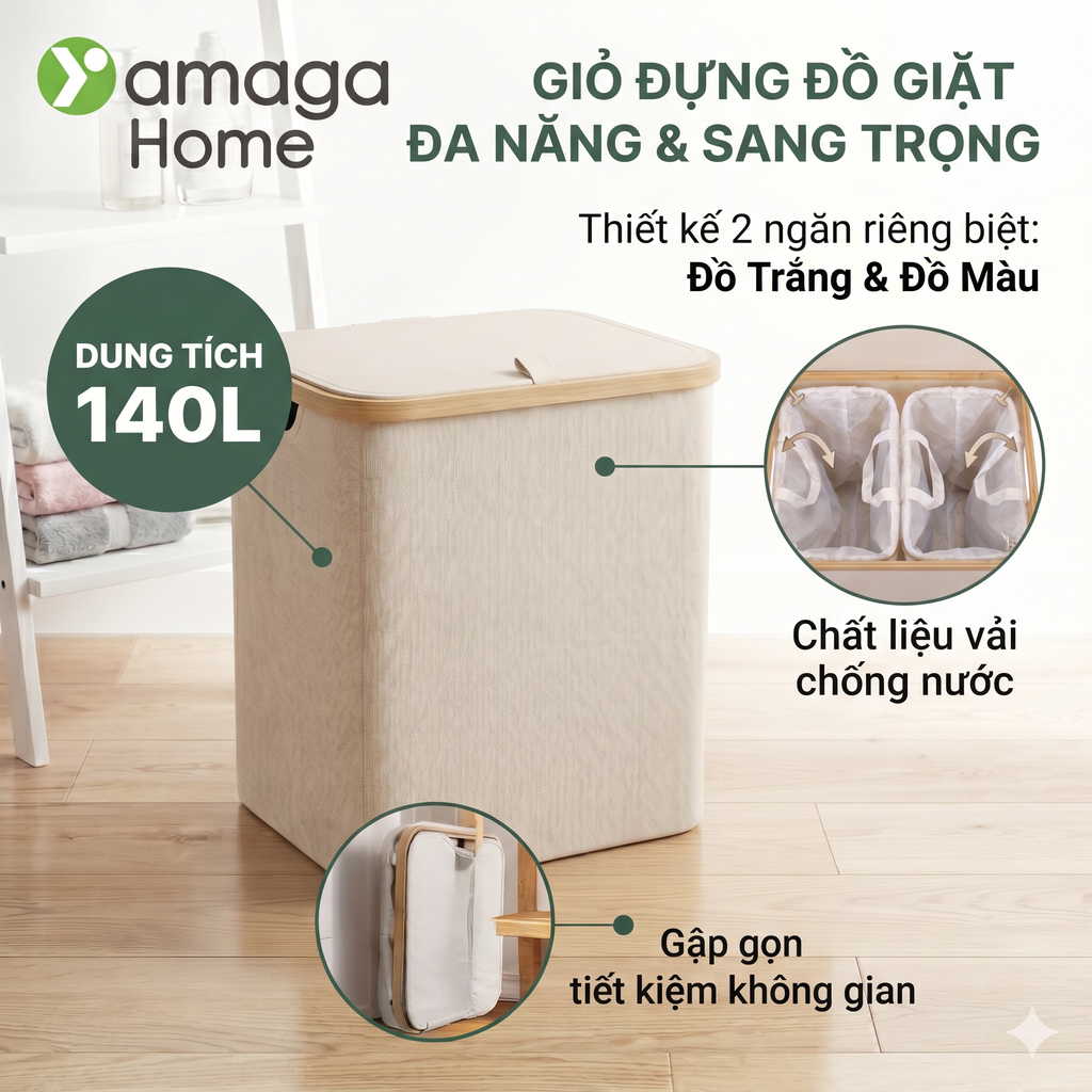 Túi đựng đồ giặt 2 ngăn YAMAGA HOME 140L - 01202CW ( hàng Amazon Mỹ ) - ảnh 1